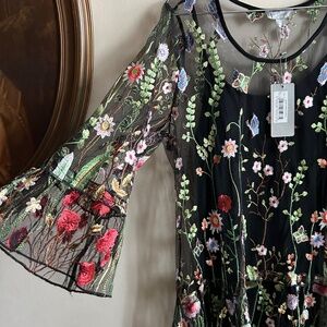 Hilary Radley for Katherine Barclay Black Floral Embroidered Mesh Dress — NWT
